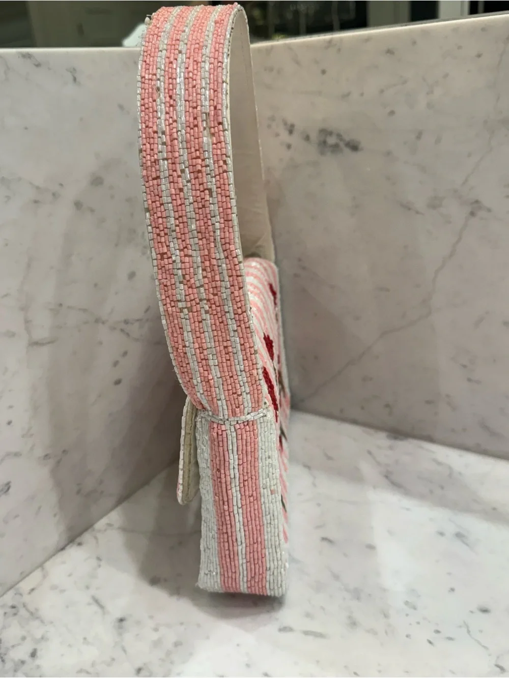 🍒Handcrafted in India Viral Beaded Cherry Shoulder Bag Cherries Pink Striped - Picture 10 of 13